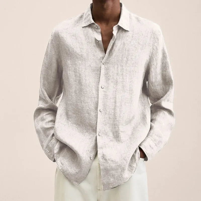 Men's Simple Linen Shirt Spring Autumn New Solid Color Lapel Buttons Loose Long Sleeve Shirt